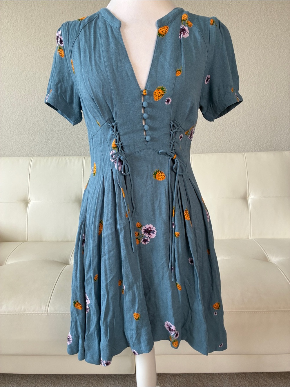 Free People Blue Floral & Strawberry Print Tie-Waist Short Dress